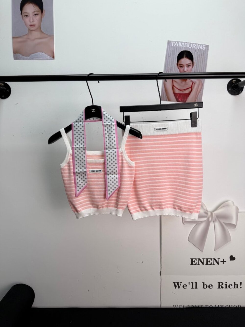 🍦Miu Miu🍦 Pink Knit Off-the-Shoulder Strap Top ➕ Scarf Set - Picture 1 of 6